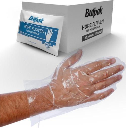 HDPE İş Temizlik Tek Kullanımlık Şeffaf Eldiven / Büyük Boy / 100 Adetlik 100 Paket - Koli