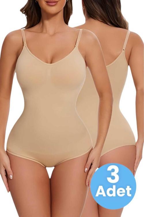 Kadın Dikişsiz Toparlayıcı Ve İnceltici Çıtçıtlı İp Askılı Slip Body Korse 3'Lü Set Ten 2XL-3XL