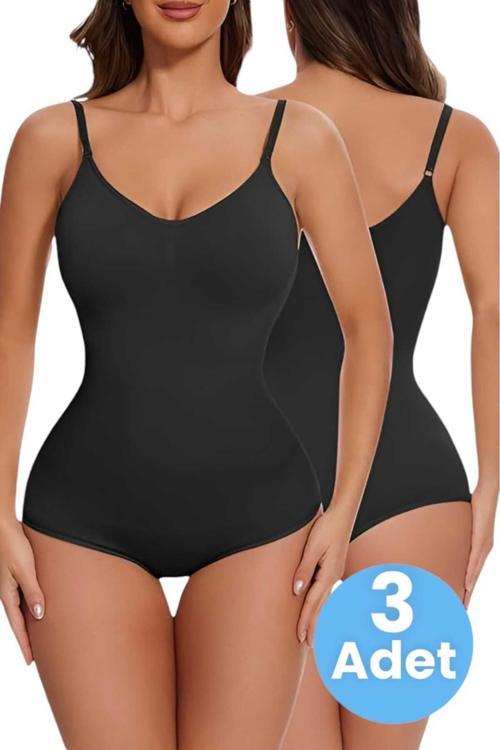 Kadın Dikişsiz Toparlayıcı Ve İnceltici Çıtçıtlı İp Askılı Slip Body Korse 3'Lü Set Siyah S-M