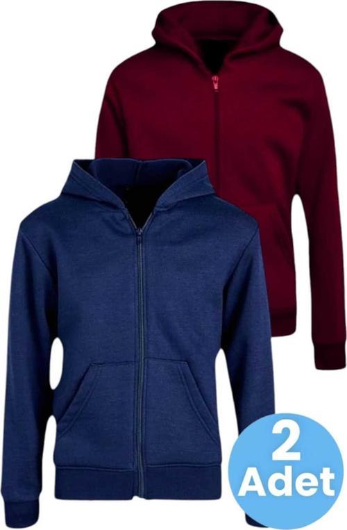 Unisex Pamuklu Kapüşonlu Fermuarlı Sweatshirt 2'Li Set Lacivert - Bordo 10 Yaş