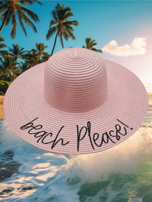 Kadın Beach Please Nakış İşlemeli Hasır Şapka Pembe Standart