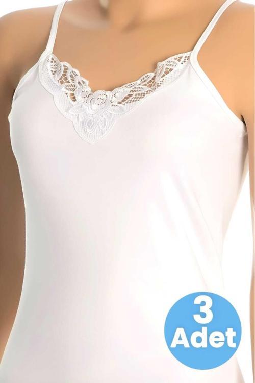 Kadın Pamuklu Ip Askılı Güpürlü 3'Lü Atlet Beyaz 2XL