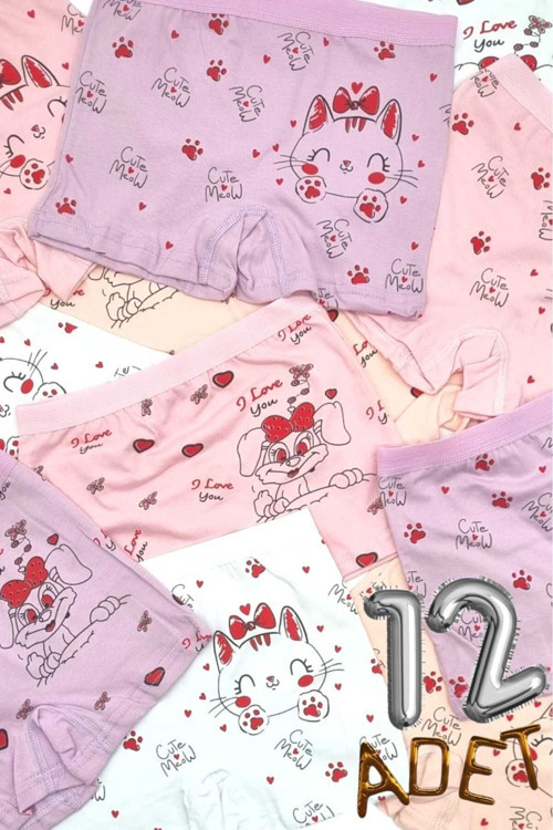 Kız Çocuk %100 Pamuklu 12'Li Boxer Çok Renkli 8-9 Yaş
