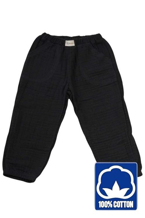 Unisex 4 Kat Müslin Kumaş %100 Organik Pamuklu Çocuk Pantolon Siyah 3 Yaş