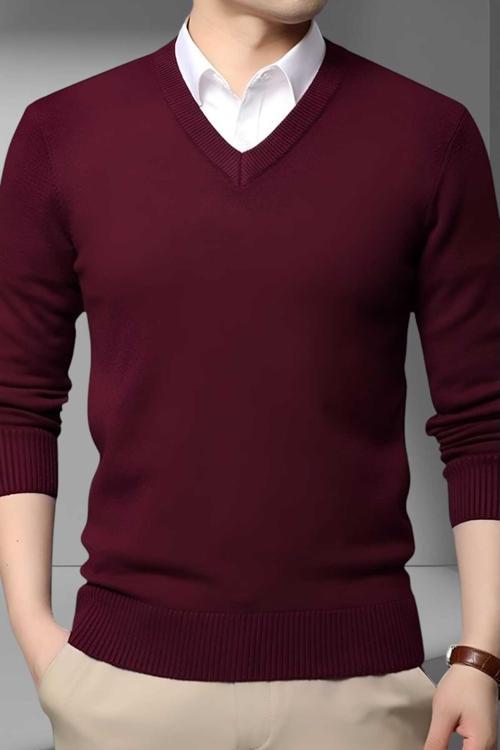 Erkek V Yaka Uzun Kol Triko Tüylenmez Süveter Erkek Slim Fit Süveter Bordo S