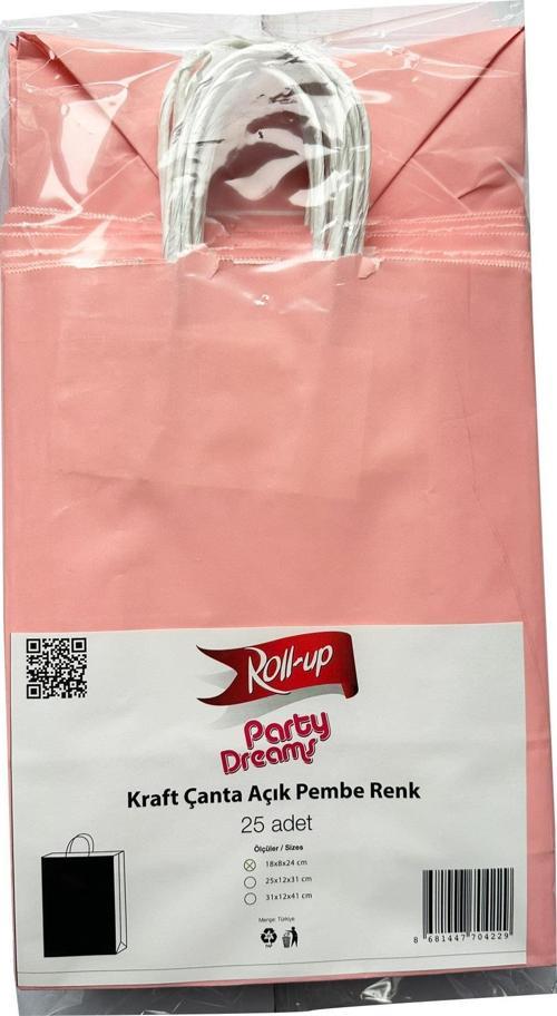 Büküm Saplı Kraft Kağıt Çanta Karton Hediyelik Poşet Torba - Pembe - 18x24 Cm. -25 Adetlik 4 Paket