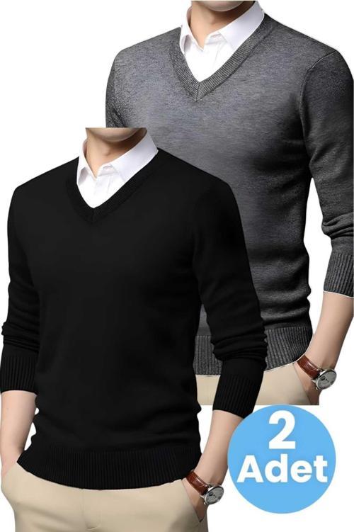 2'Li  Erkek V Yaka Uzun Kol Triko Tüylenmez Süveter Erkek Slim Fit Süveter Füme - Siyah L