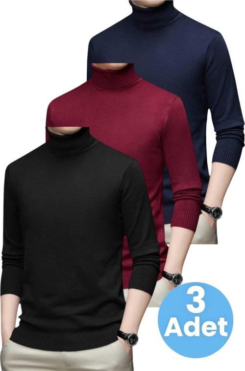 3'Lü  Erkek Tüylenmeyen Boğazlı Triko Kazak Balıkçı Triko Kazak Lacivert - Bordo - Siyah 2XL