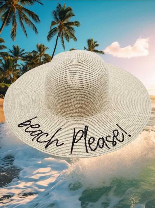 Kadın Beach Please Nakış İşlemeli Hasır Şapka Bej Standart