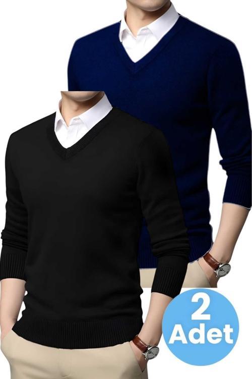 2'Li  Erkek V Yaka Uzun Kol Triko Tüylenmez Süveter Erkek Slim Fit Süveter Lacivert - Siyah S