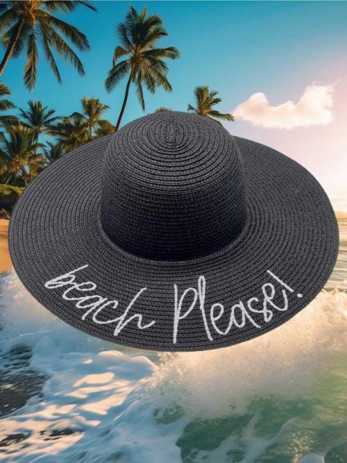 Kadın Beach Please Nakış İşlemeli Hasır Şapka Siyah Standart