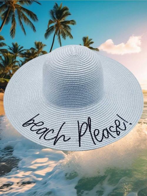 Kadın Beach Please Nakış İşlemeli Hasır Şapka Bebe Mavisi Standart