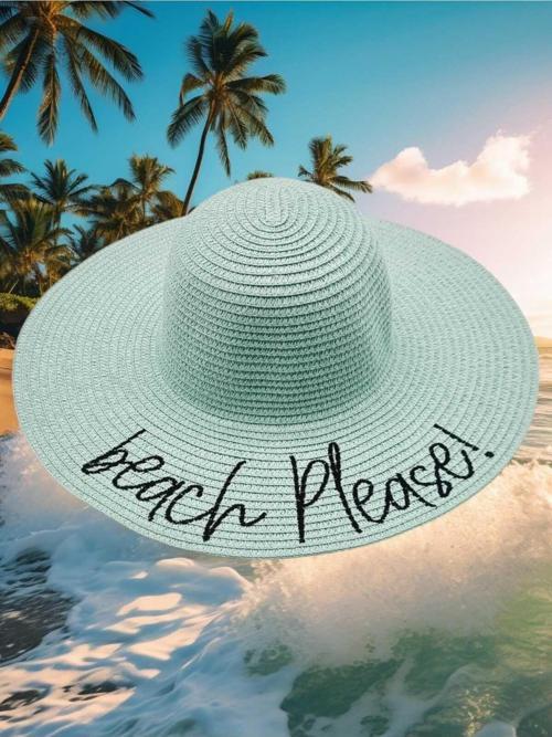 Kadın Beach Please Nakış İşlemeli Hasır Şapka Su Yeşili Standart