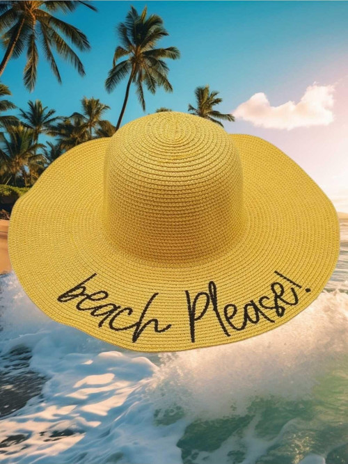 Kadın Beach Please Nakış İşlemeli Hasır Şapka Sarı Standart