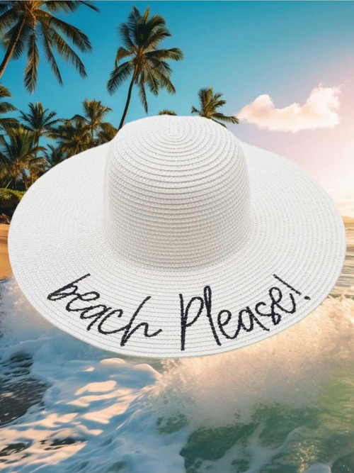 Kadın Beach Please Nakış İşlemeli Hasır Şapka Beyaz Standart