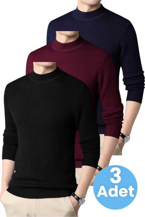 3'Lü  Erkek Tüylenmeyen Yarım Boğazlı Triko Kazak Yarım Balıkçı Triko Kazak Siyah - Bordo - Lacivert XL
