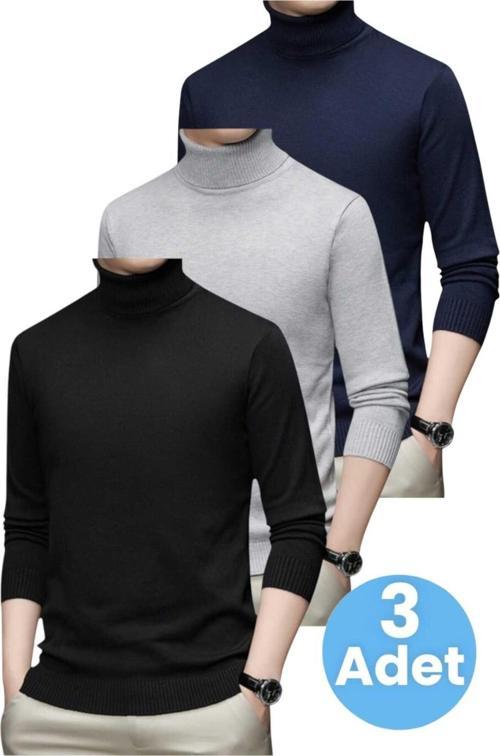 3'Lü  Erkek Tüylenmeyen Boğazlı Triko Kazak Balıkçı Triko Kazak Lacivert - Gri - Siyah 2XL