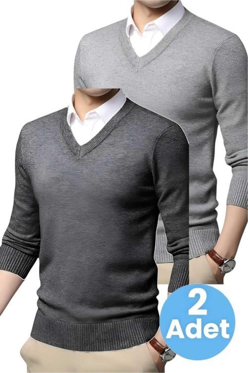 2'Li  Erkek V Yaka Uzun Kol Triko Tüylenmez Süveter Erkek Slim Fit Süveter Gri - Füme L