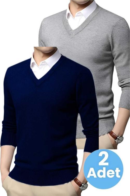 2'Li  Erkek V Yaka Uzun Kol Triko Tüylenmez Süveter Erkek Slim Fit Süveter Lacivert - Gri 2XL