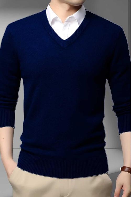 Erkek V Yaka Uzun Kol Triko Tüylenmez Süveter Erkek Slim Fit Süveter Lacivert 2XL