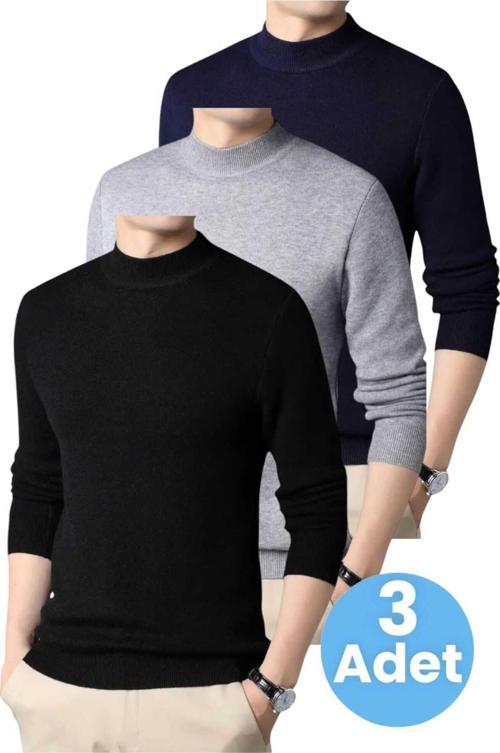 3'Lü  Erkek Tüylenmeyen Yarım Boğazlı Triko Kazak Yarım Balıkçı Triko Kazak Siyah - Gri - Lacivert 2XL