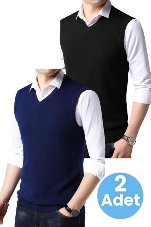 2'Li  Erkek V Yaka Triko Tüylenmez Süveter Erkek Slim Fit Süveter Siyah - Lacivert 2XL