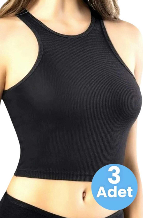 Kadın Geniş Askılı Kaşkorse Crop 3'Lü Set Siyah S-M