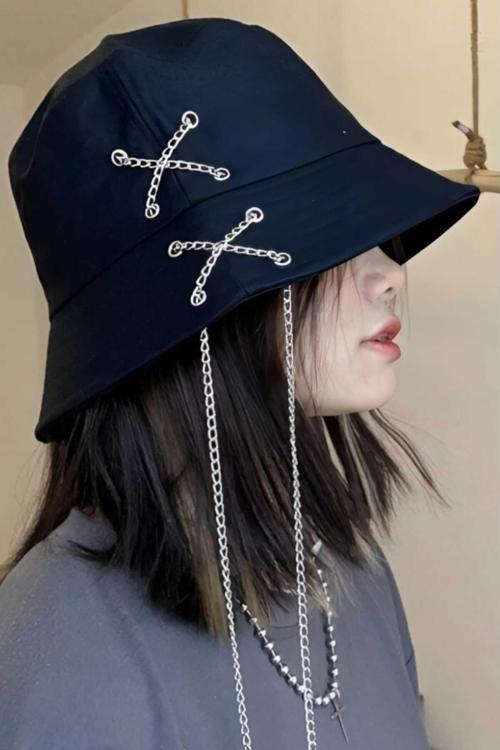 Unisex Zincirli Bucket Şapka Siyah S-M