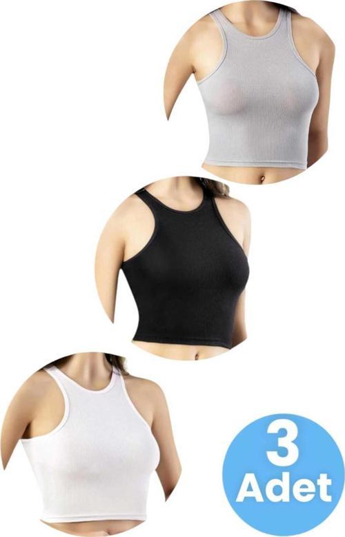 Kadın Geniş Askılı Kaşkorse Crop 3'Lü Set Beyaz - Siyah - Gri L-XL