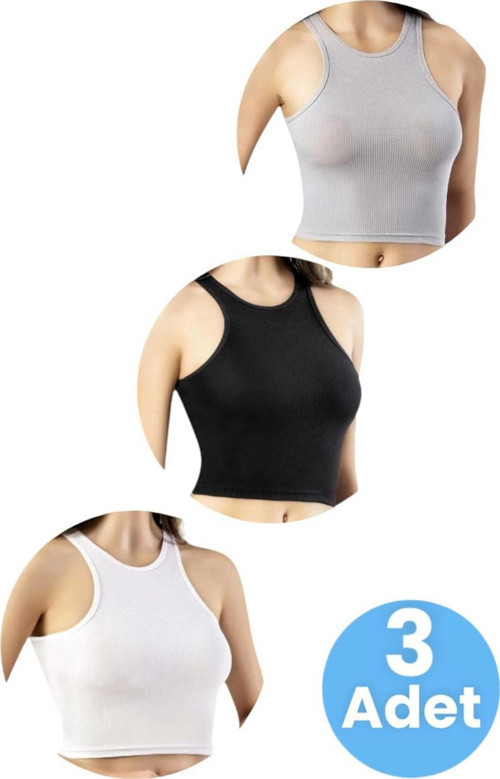 Kadın Geniş Askılı Kaşkorse Crop 3'Lü Set Beyaz - Siyah - Gri S-M
