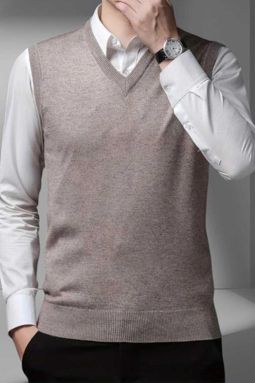 Erkek V Yaka Triko Tüylenmez Süveter Erkek Slim Fit Süveter Camel S