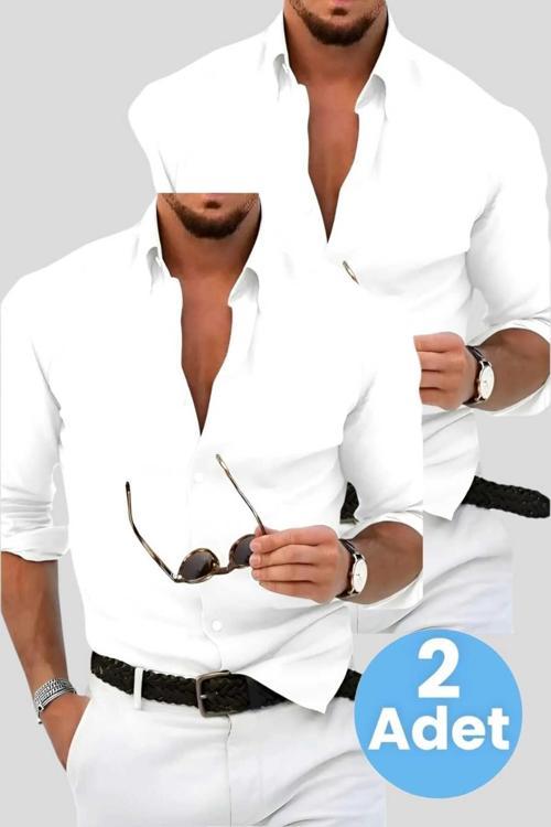 Slim Fit Kravatlık Uzun Kol Kolay Ütü Nefes Alan Dört Mevsim Slim Fit Erkek Gömlek 2'Li Set Beyaz - Beyaz L