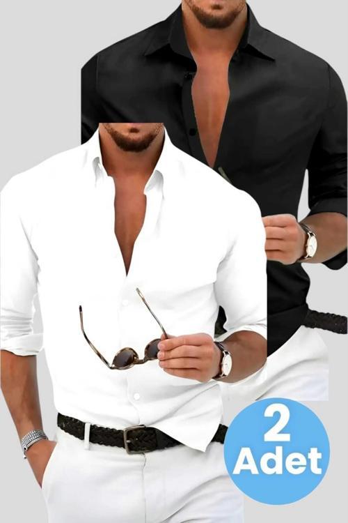 Slim Fit Kravatlık Uzun Kol Kolay Ütü Nefes Alan Dört Mevsim Slim Fit Erkek Gömlek 2'Li Set Siyah - Beyaz XL
