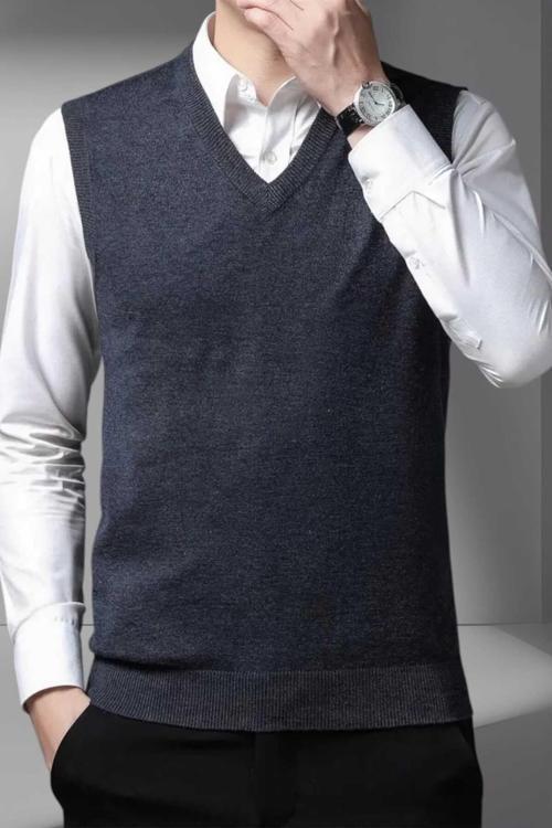 Erkek V Yaka Triko Tüylenmez Süveter Erkek Slim Fit Süveter Koyu Füme XL