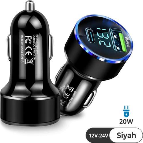 Siyah Araç İçi USB 3.0 Type C 20W Soketli Çakmaklık Güç Adaptörü Tüm Cihazlar 12V-24V