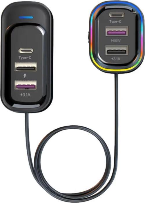 FR-424 36W PD Hızlı Şarj Destekli Çoklu USB & Type-C Çıkışlı Araç Şarj Cihazı - RGB Aydınlatmalı