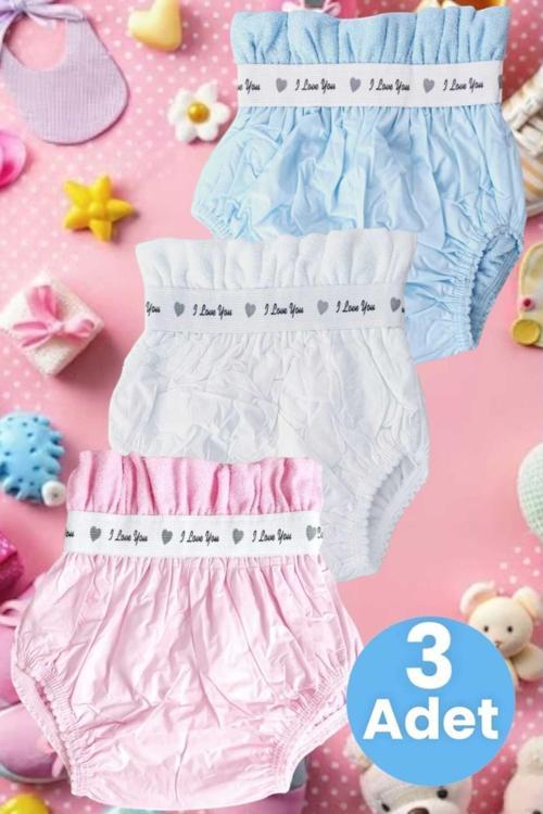 Bebek Yıkanabilir Yüksek Emici Pamuklu 3'Lü Alıştırma Külodu Pembe - Mavi - Beyaz 1-2 Yaş