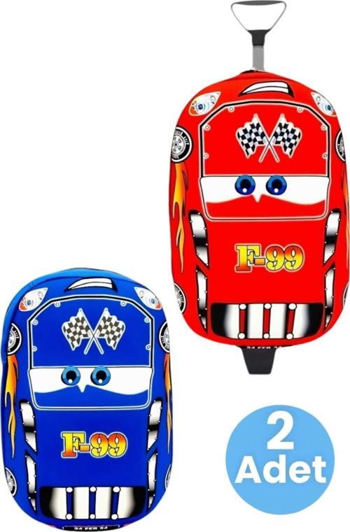 Cars F99 Yarış Arabası Çekçekli Ve Sırt Çantası 2'Li Takım 3D Eva Baskılı Sırt Ve Okul Çantası Kırmızı - Mavi