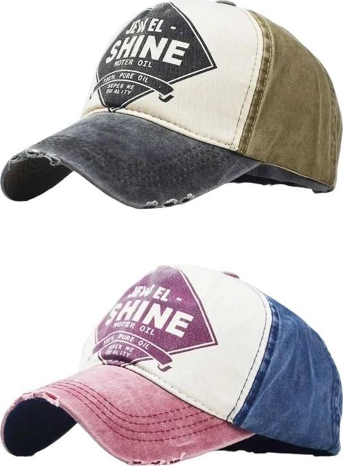 Unisex Eskitme Jewel Shine Ayarlanabilir Beyzbol Kep Şapka Baseball Şapka 2'Li Set Siyah - Kırmızı