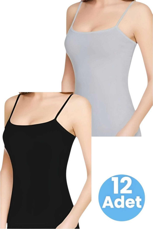 Kadın Ip Askılı Pamuklu 2 Renk 12'Li Atlet Gri - Siyah 2XL
