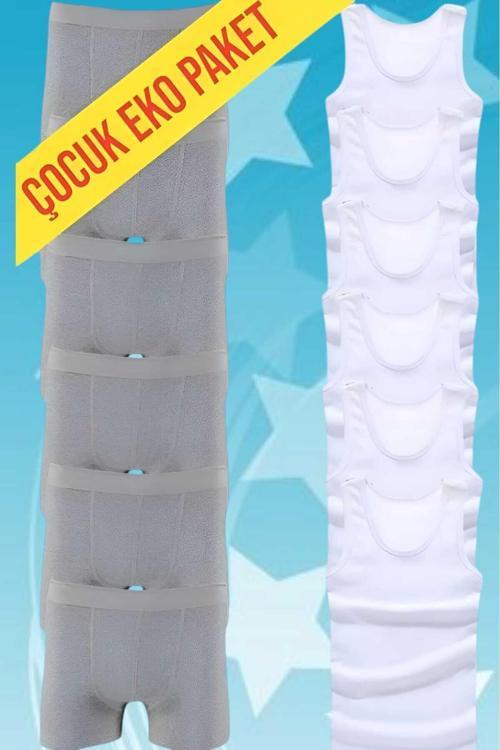 Erkek Çocuk İkili Set Pamuklu Penye 6 Atlet 6 Boxer Beyaz - Gri 5-6 Yaş