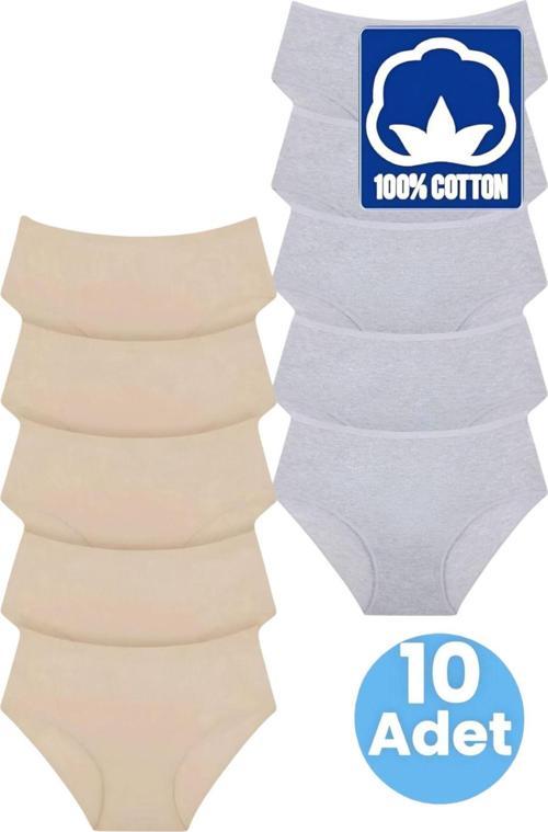 Kadın Yüksel Bel %100 Pamuklu 10'Lu Fitilli  Bato Külot Kadın 10'Lu Külot Gri - Ten 2XL