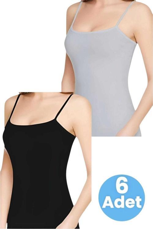 Kadın Ip Askılı Pamuklu 2 Renk 6'Lı Atlet Gri - Siyah 2XL