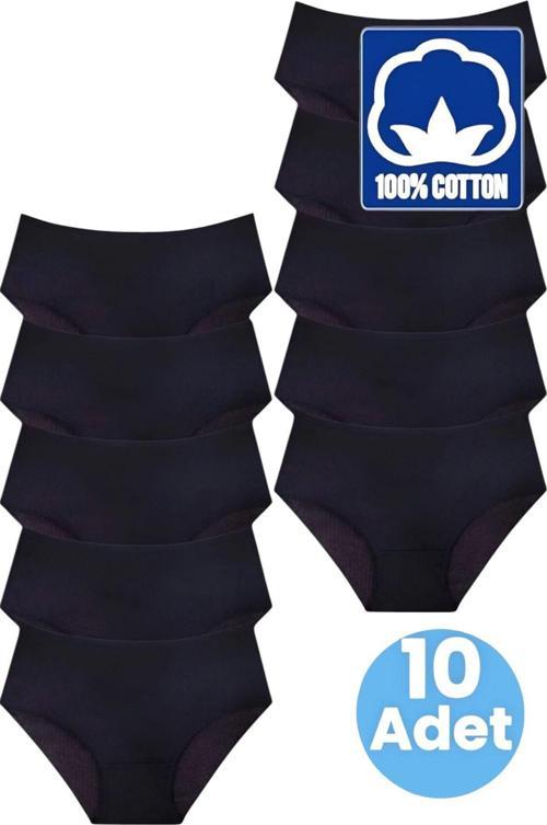 Kadın Yüksel Bel %100 Pamuklu 10'Lu Fitilli Bato Külot Kadın 10'Lu Külot Siyah - Siyah 2XL