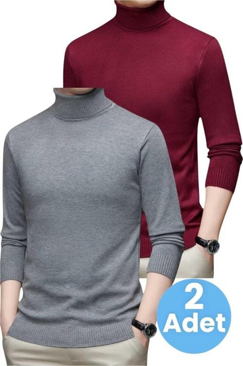 2'Li  Erkek Tüylenmeyen Boğazlı Triko Kazak Balıkçı Triko Kazak Bordo - Füme 2XL