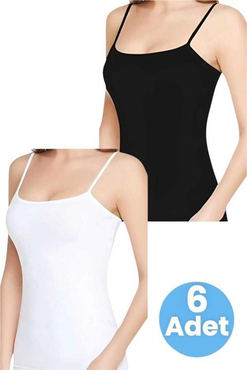 Kadın Ip Askılı Pamuklu 2 Renk 6'Lı Atlet Siyah - Beyaz XL