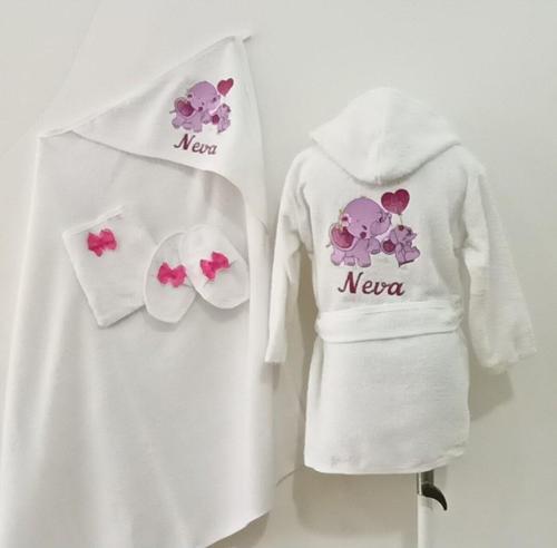 Kız Çocuk Bebek Bornoz Havlu Seti Isme Özel Nakışlı 1-5 Yaş