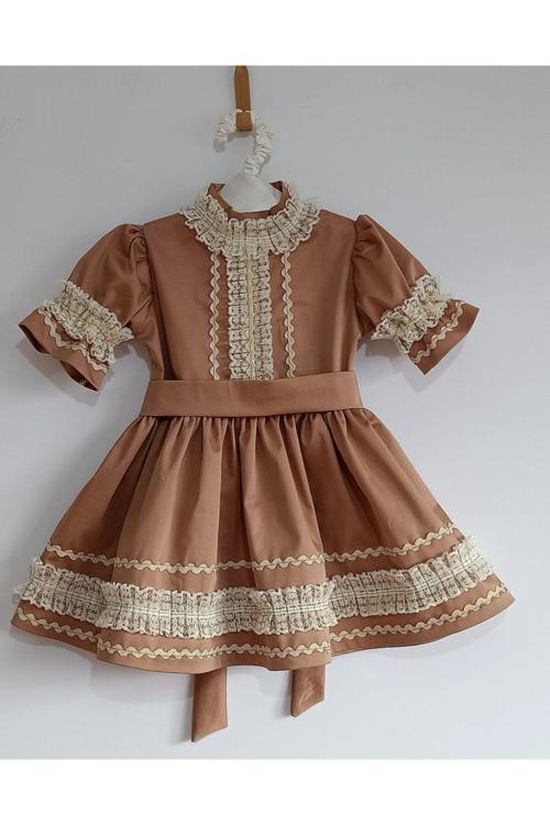 Kız Bebek Kahverengi Vintage Fistolu Elbise