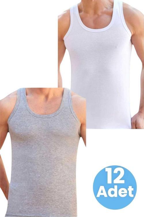 Erkek Pamuklu 2 Renk 12'Li Atlet Beyaz - Gri XL
