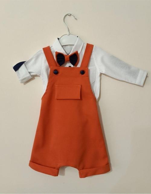 Erkek Bebek Turuncu Gömlekli Bahçıvan Şort Takım